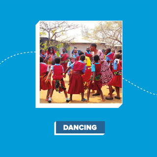 Graphic highlighting that people can dance to take part in the challenge with an image of children dancing in a school playground.