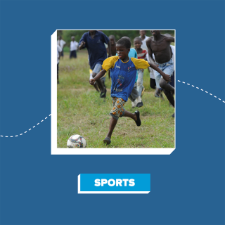 A graphic highlighting that people can play sports to take part in the challenge with an image of a child playing football.