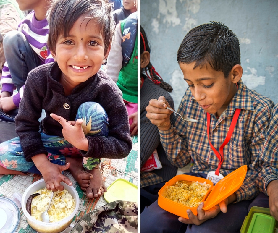 two young children eating food