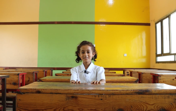 7 year old Doaa from Yemen in her classroom.