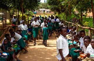 Children gather at a school in Uganda
