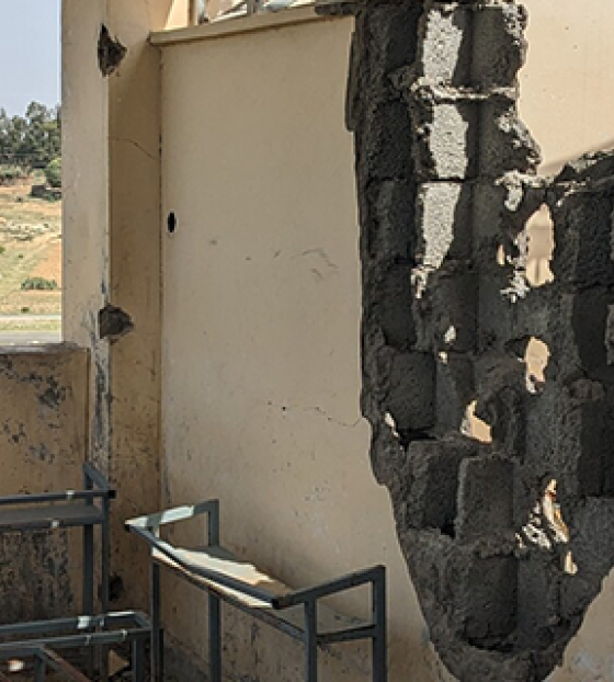 Image taken from inside a building which has suffered damage after the recent conflicts.