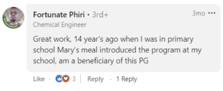 A screenshot of the comment Fortunate left on the Mary's Meals LinkedIn page.