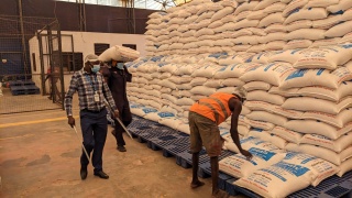 Volunteers and staff at a food processing warehouse carrying out checks.