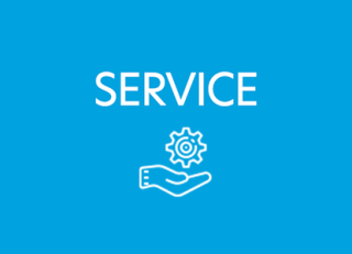 Blue graphic with the word "Service" and an icon with a hand holding up a cog.