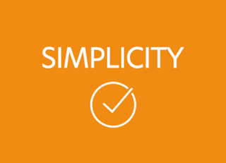 Orange graphic with the word "simplicity" and a white tick just beneath.