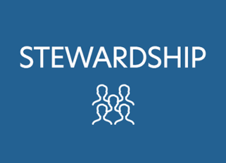 Dark blue graphic with the word "stewardship" and a icon showing a group of people.