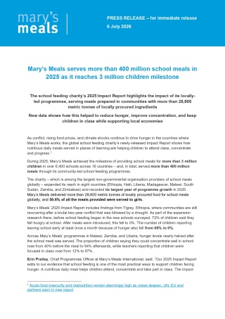 Mary’s Meals serves more than 400 million school meals in 2025 as it reaches 3 million children milestone